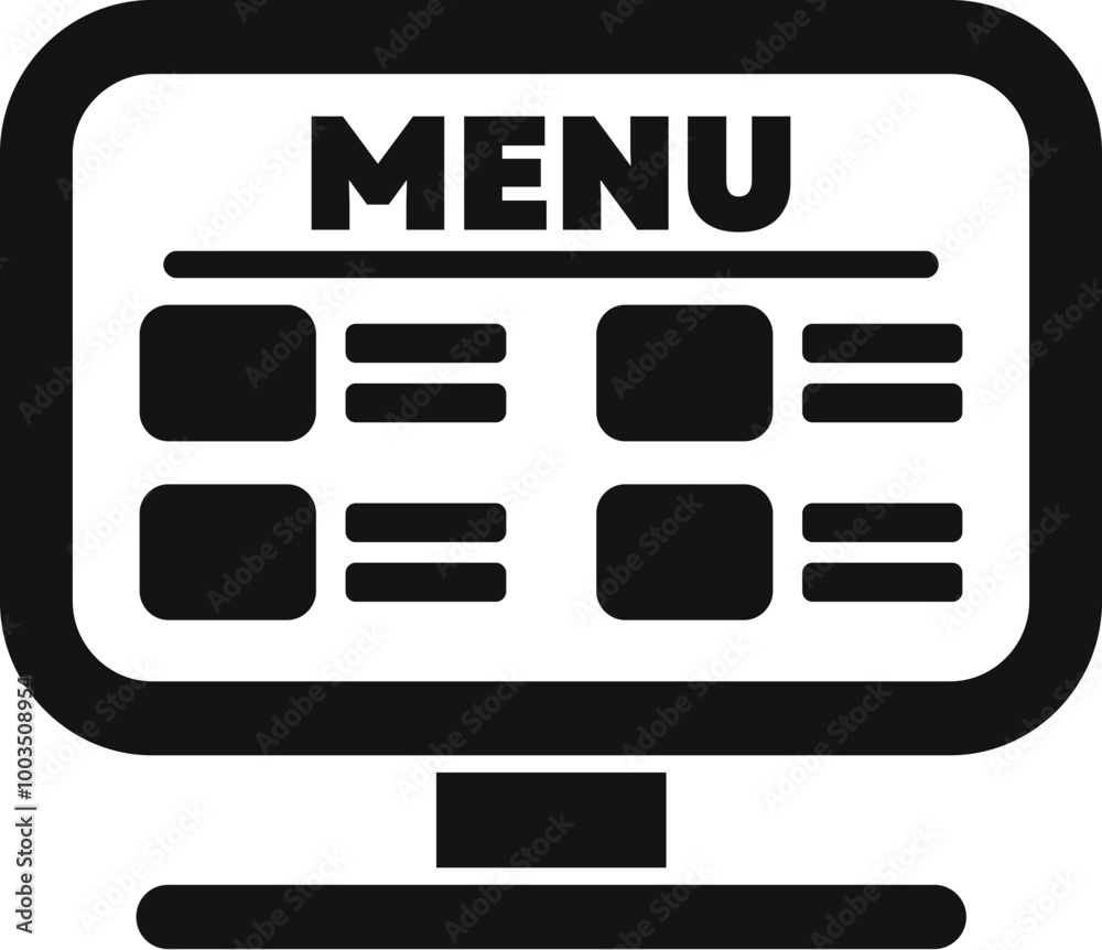 Poster simple vector icon of a computer screen displaying a restaurant menu with prices