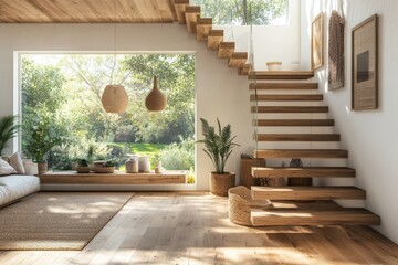 Obraz premium A wooden staircase with a glass railing in a modern living room with large windows and a view of a green garden.