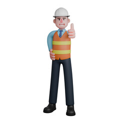 Male Architect 3D Illustration. An Architect stands with his right hand on his waist while his left hand points his thumb. Professional