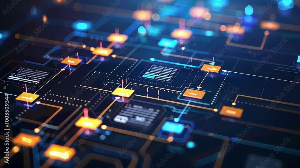 Poster complex network with data blocks transferring information, highlighting the concept of cybersecurity
