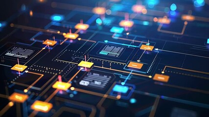 Complex network with data blocks transferring information, highlighting the concept of cybersecurity in the digital age. The image evokes a sense of safety and efficiency in data management