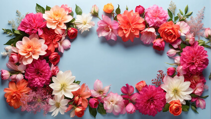 An elegant oval-shaped floral arrangement on a blue background with roses and peonies in various colors