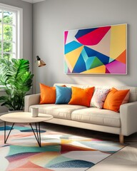 A living room with a white sofa, colorful abstract art, a wooden coffee table, a green plant, a rug, and a floor lamp.