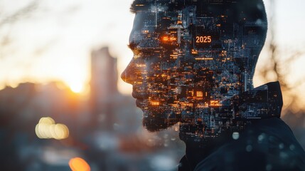 Futuristic Double Exposure of Man's Silhouette with Digital Cityscape and Technology Elements at Sunset
