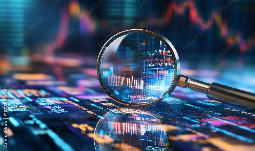 Poster magnifying glass over colorful data charts.