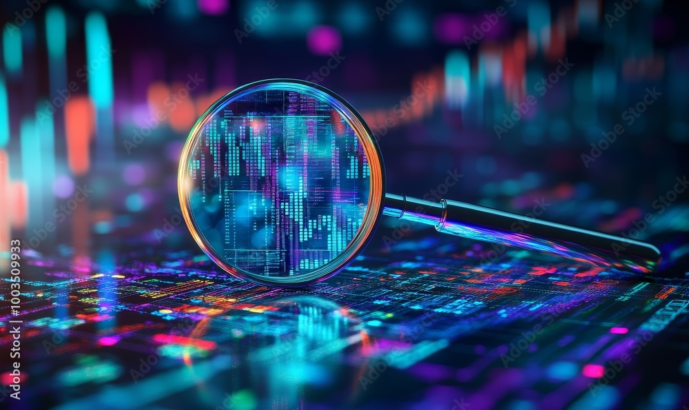 Aufkleber A magnifying glass revealing colorful code, highlighting data and technology.