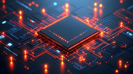 Fototapeta premium Futuristic Circuit Board with Glowing Red Lines and Processor
