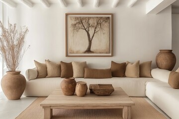 Minimalist living room interior with a beige sofa, wooden coffee table, and a large painting of a tree.