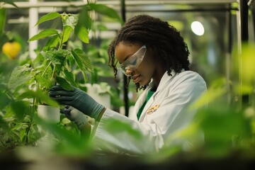A female scientist with protective eyewear examines a plant in a greenhouse, holding the plant stem and wearing lab gloves.