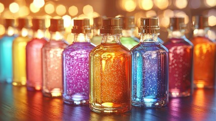 Colorful glass bottles filled with shimmering liquid displayed on a wooden surface in a warm setting during evening hours