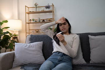 Female sick headache pain suffer from sick disease, nose tissue sick unwell un healthy.