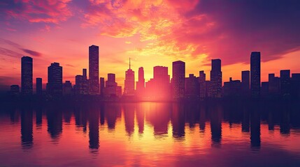 Obraz premium Iconic city skyline silhouetted against a glowing sunset sky, with reflections shimmering in nearby water.