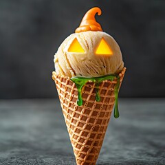 Jackolantern ice cream cone glowing with haunted lights, dripping with eerie green syrup, Halloween dessert, creepy food