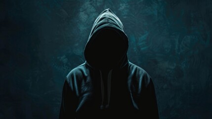 Mysterious hooded figure with hidden face on dark background AI generated image