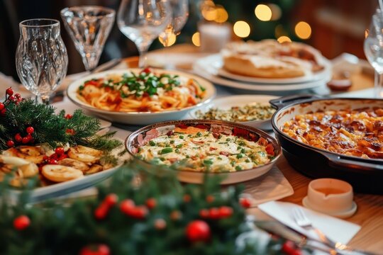 A festive holiday table setting with a variety of dishes, including pasta, casserole, and a green salad, surrounded by evergreen branches and red berries.