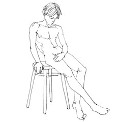 Nude thin male figure, contour drawing for graphic design.