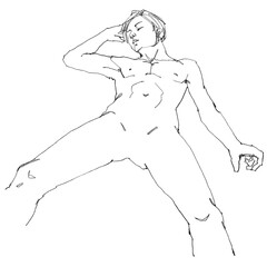 Nude thin male figure, contour drawing for graphic design.