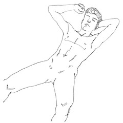 Nude thin male figure, contour drawing for graphic design.