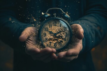 Closeup of a man's hands holding an old alarm clock with dust particles floating around.