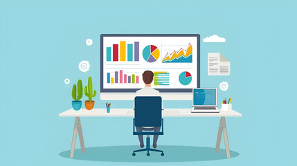 A flat illustration of a person with a laptop and graphs