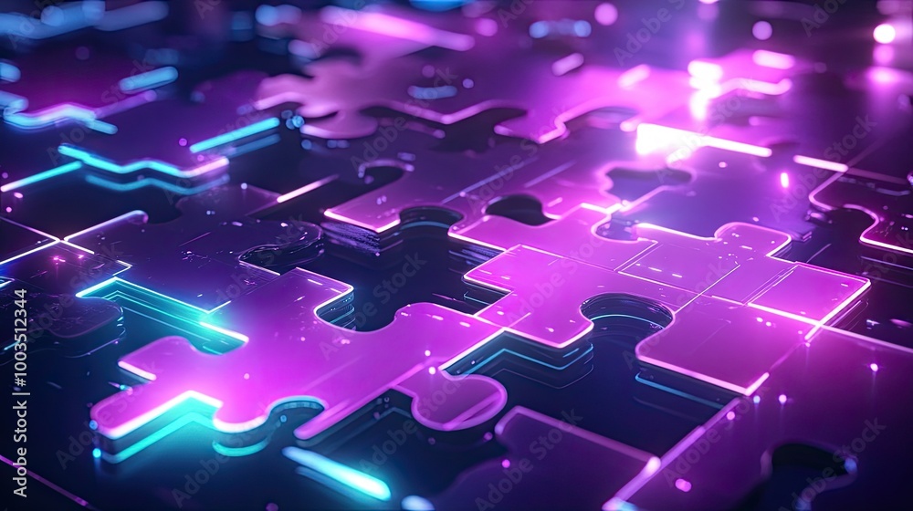Poster interlocking neon puzzle pieces floating on a futuristic background, showcasing efficient api integr