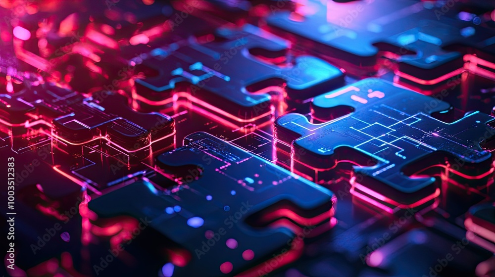 Poster interlocking neon puzzle pieces floating on a futuristic background, showcasing efficient api integr