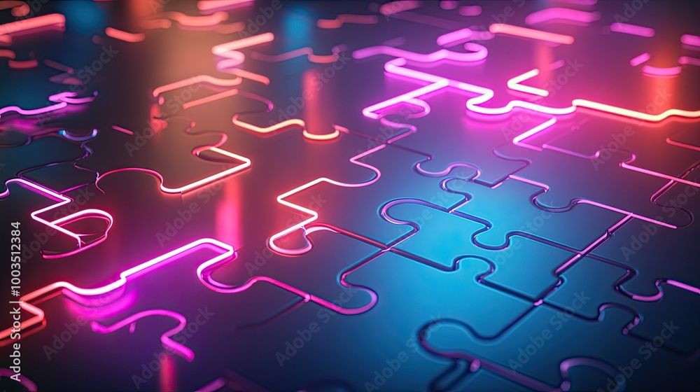 Poster interlocking neon puzzle pieces floating on a futuristic background, showcasing efficient api integr