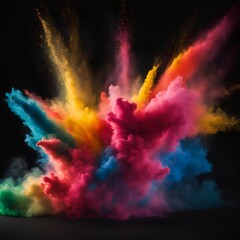 A dynamic burst of colorful powder featuring bold pink, blue, yellow, green, and orange clouds in motion, creating a vibrant contrast against a dark background.