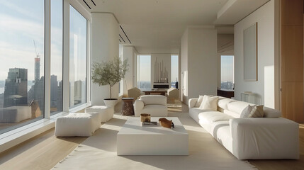 Fototapeta premium Spacious living room with minimalist white furniture, accented by a geometric coffee table and floor-to-ceiling windows, allowing natural light to flood the space. home interior design concept 