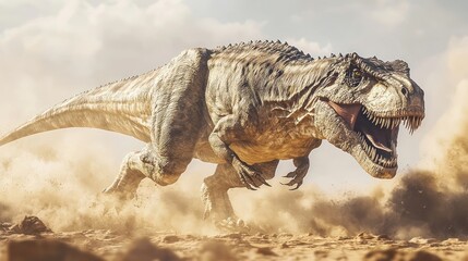 A fierce dinosaur, with its mouth open, runs through a dusty landscape with its claws out.