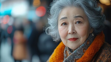 A portrait of an elderly woman with silver hair, exuding wisdom and grace in a bustling environment.