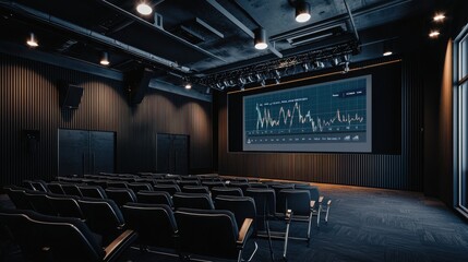 Naklejka premium Modern conference hall with empty seats and large screen displaying data charts, ideal for business meetings and presentations.