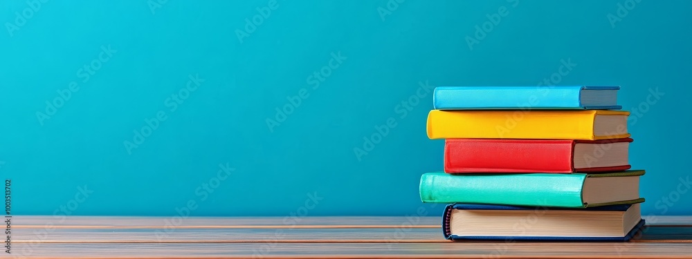 Aufkleber a stack of colorful books on a wooden table against a blue background.