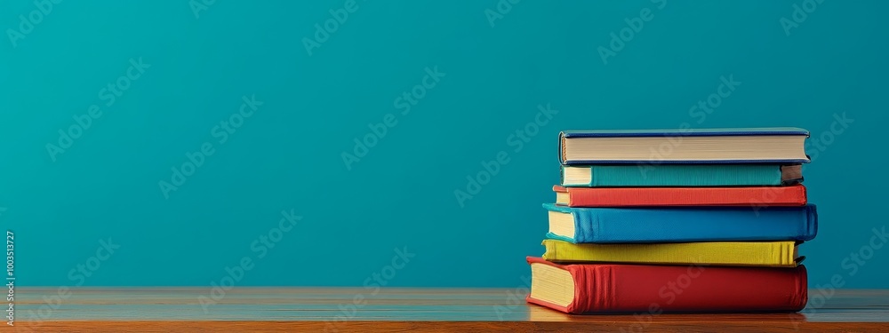 Aufkleber a stack of colorful books on a wooden table against a turquoise background.