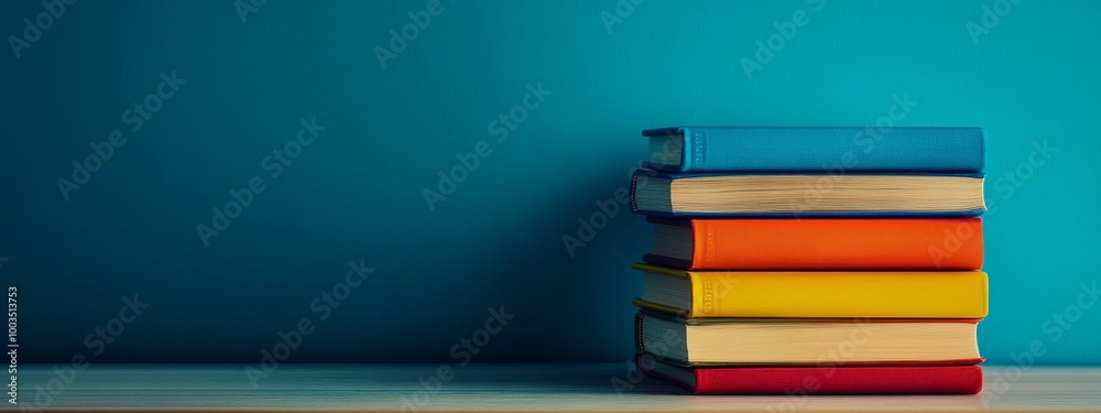 Aufkleber stack of colorful hardback books on a wooden table in front of a blue wall.