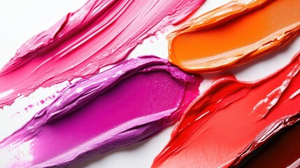 Lipstick and gloss smudges spread across a white background, focusing on the vivid colors and creamy textures of beauty products