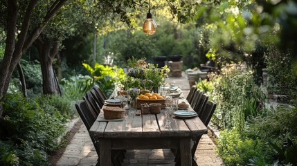Obraz premium Lush garden setting with a rustic wooden table, ideal for outdoor parties, summer barbecues, or casual gatherings