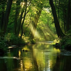 Obraz premium Lush green forest with a river running through it, with sunlight streaming through the trees and illuminating the water.