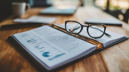 Close-up of an open book with eyeglasses resting on it, placed on a wooden table. The background is softly blurred, suggesting a peaceful study environment.