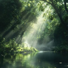 Fototapeta premium Lush green forest with a river running through it, with sunlight streaming through the trees and illuminating the water.