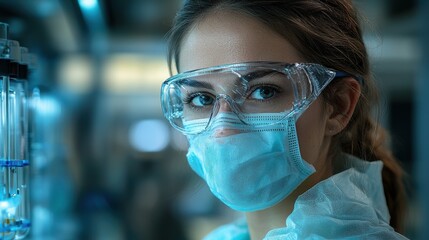 Young woman wearing protective gear in a laboratory setting during a scientific experiment