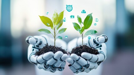 A pair of robotic hands holding seedlings, floating environmental icons representing SDGs,