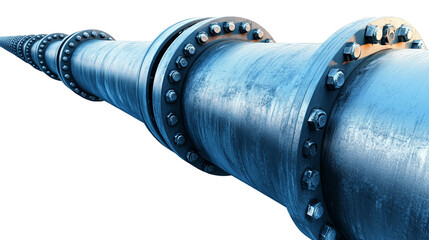 A close-up of a large industrial pipe with connecting flanges.  The pipe is made of metal and appears to be old and worn.  The background is blurred.