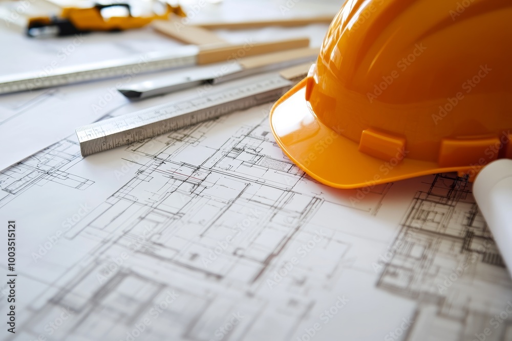 Poster A yellow hard hat sits on a blueprint with a ruler and other tools in the background.
