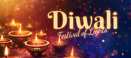 Happy Diwali festival of lights banner with diya lamps