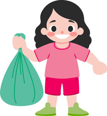 Happy Girl Holding Green Trash Bag  Recycling  Environmental Care