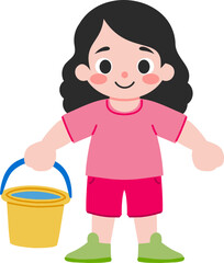 Happy Girl Holding Yellow Bucket with Water   Summer Fun  Beach  Play  Child  Kids