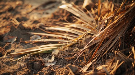 Fragments of coconut palm leaves dispersed on dry ground after a tree has been cut down.
