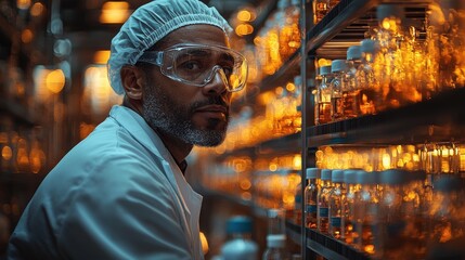 Obraz premium Scientist examining vials in a laboratory filled with illuminated shelves during evening hours