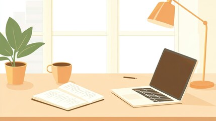 Minimalist office desk with an open notebook, a laptop, and a coffee cup in a bright, sunlit room.